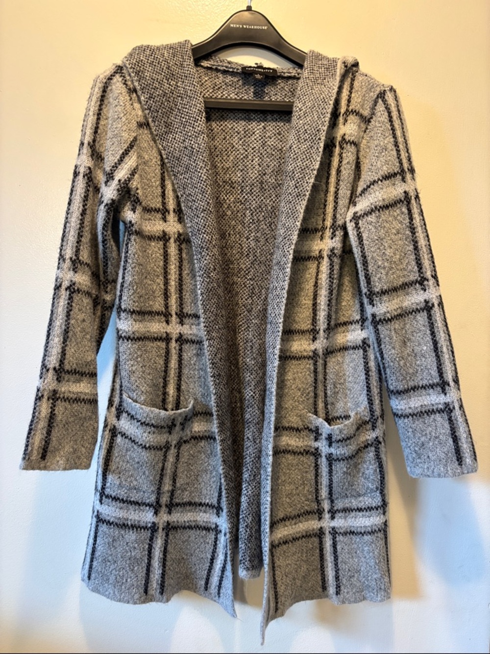 Plaid Open-Front Hooded Cardigan Sweater in Grey